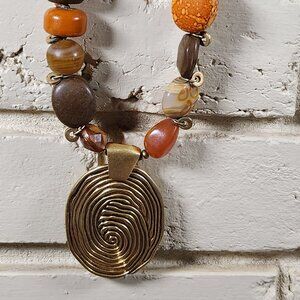 Chico"s Womens Brass & Beaded Browns Statement Necklace